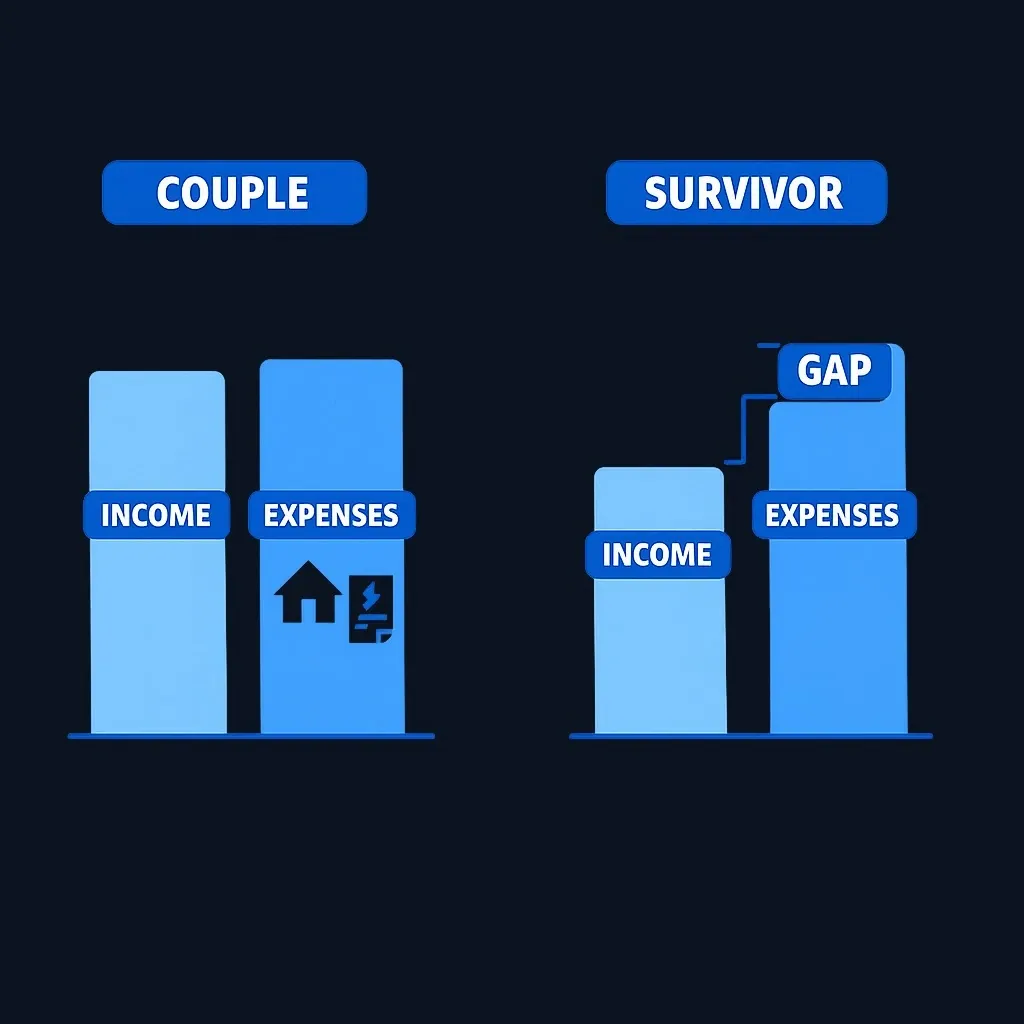 Bar chart comparing couple and survivor budgets, showing expenses dropping only slightly while income drops more, leaving a gap