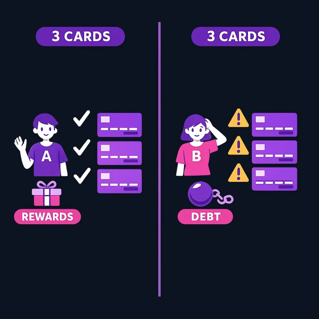 Side-by-side comparison of two people, each with three credit cards, one with low balances and one with high debt