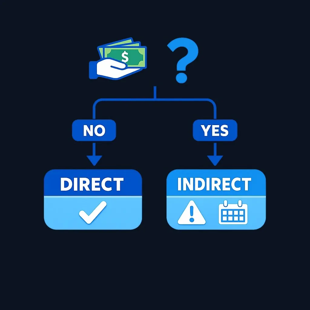 Decision flowchart: if you don't take possession, choose a transfer or direct rollover; if you do, an indirect rollover carries extra risk