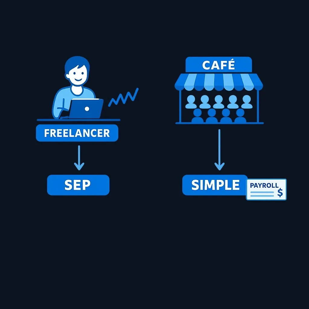Illustration of a freelance designer matched to a SEP IRA and a small café with employees matched to a SIMPLE IRA