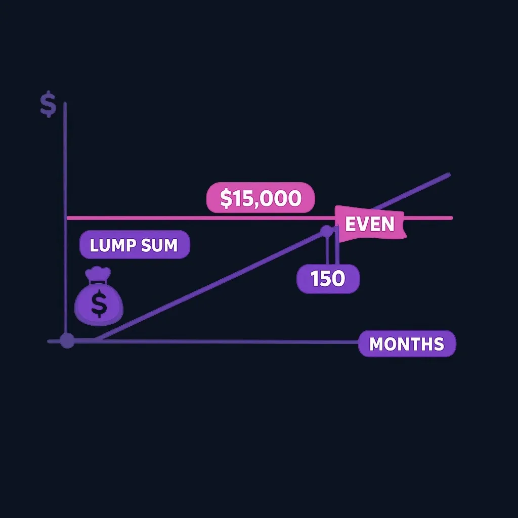 Chart showing a flat line at $15,000 and a rising line of $100 per month crossing it at 150 months.