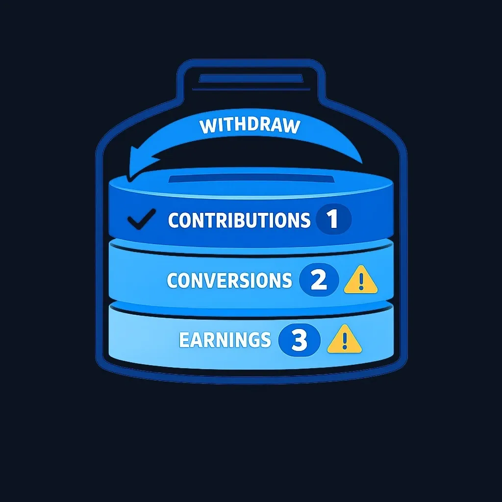 Stacked layers showing the Roth IRA withdrawal order: contributions first, then conversions, then earnings