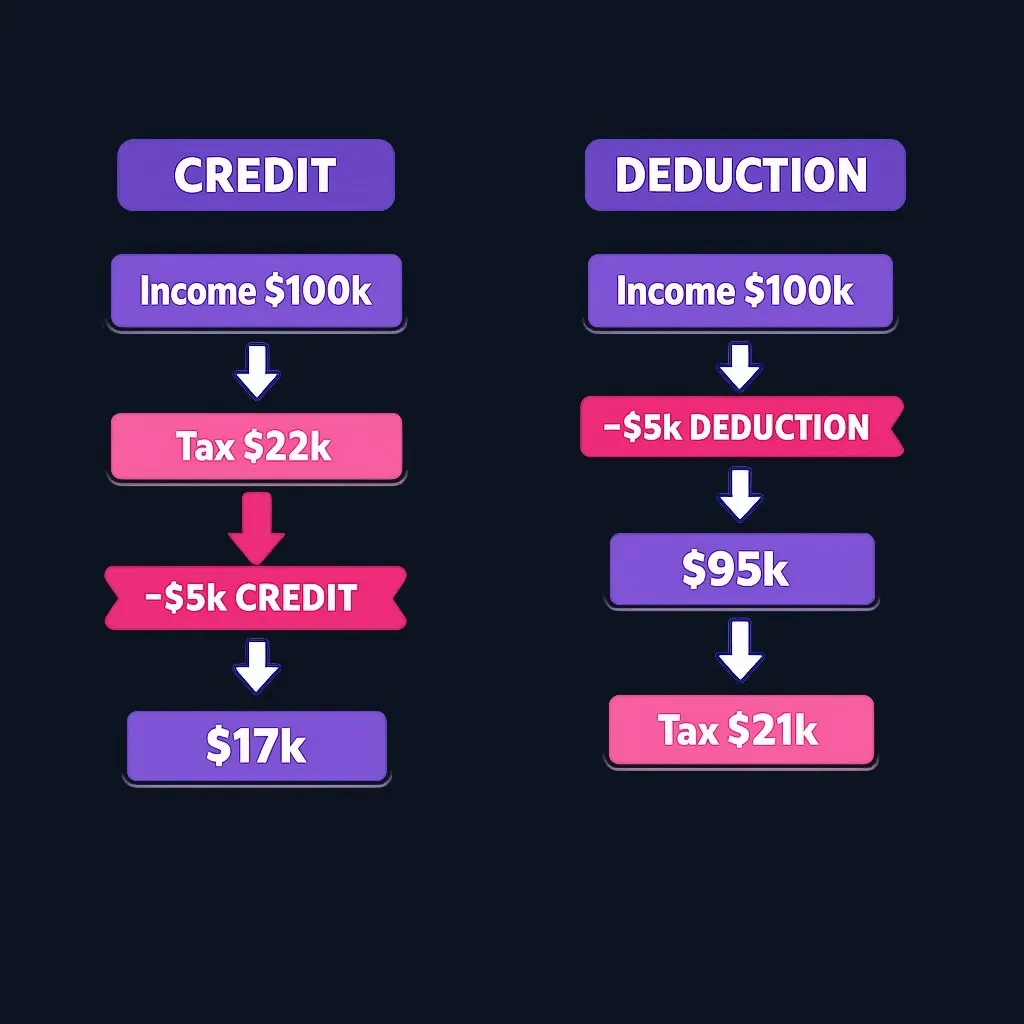 Diagram showing foreign tax credit reducing tax liability directly versus deduction reducing taxable income