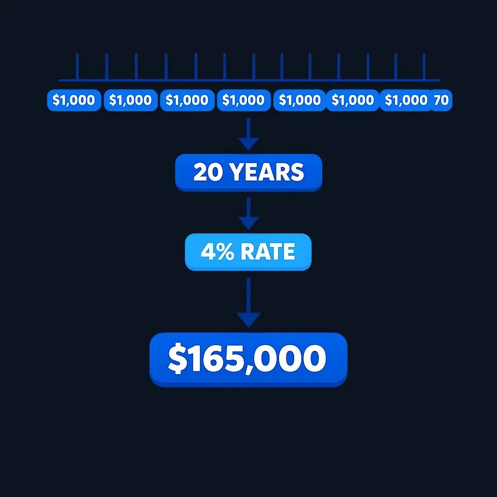 Diagram of fixed-term annuity example showing payments, term, rate, and resulting present value
