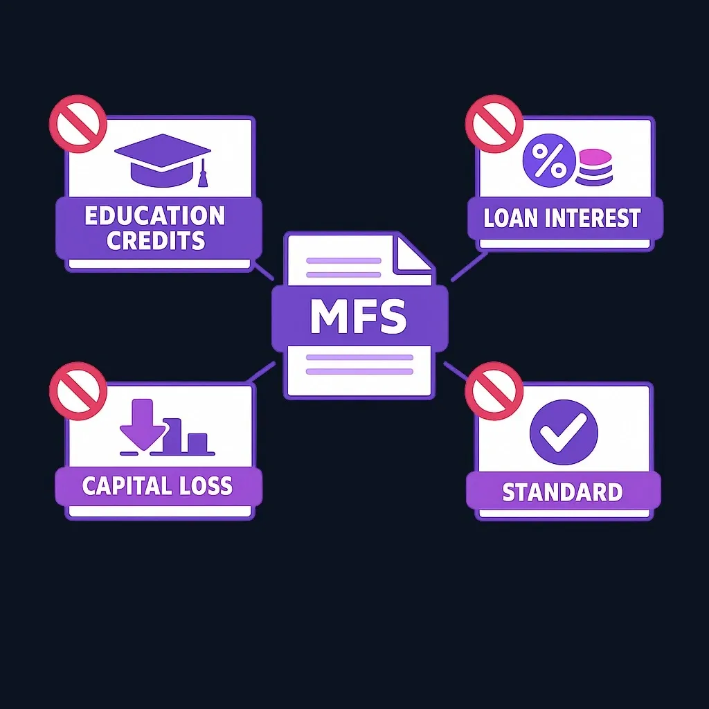 Diagram showing tax benefits blocked when using married filing separately status