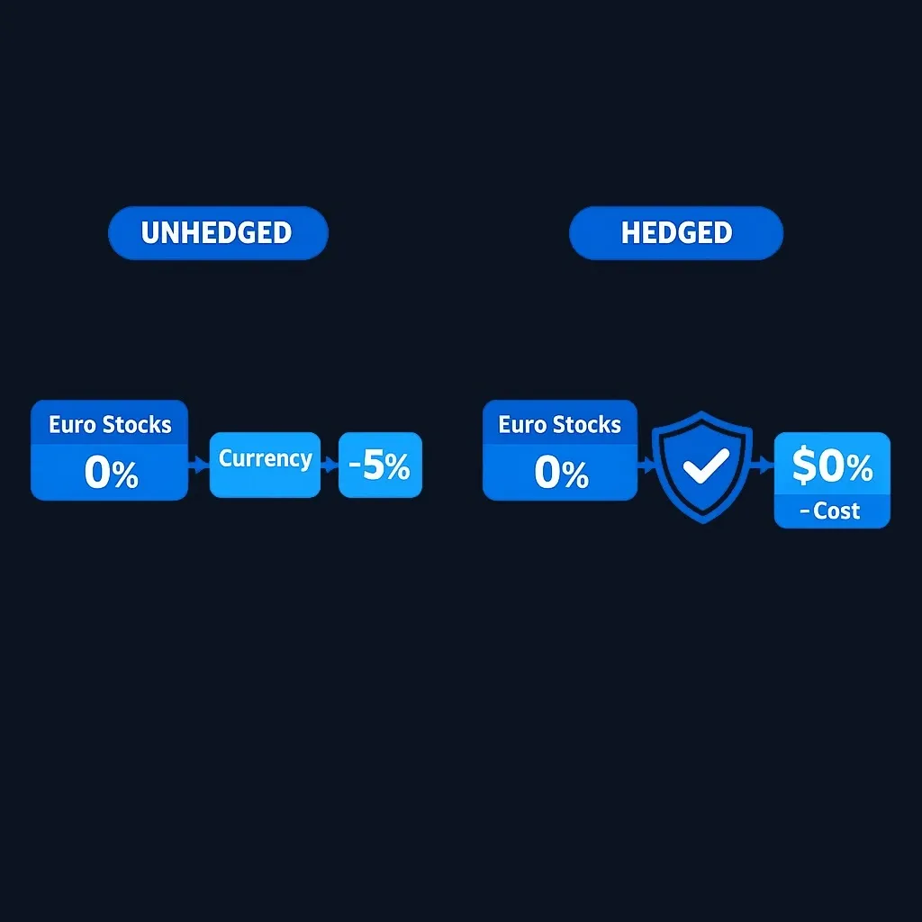 Diagram comparing unhedged ETF showing 5% loss from euro decline versus hedged ETF preserving flat local equity return