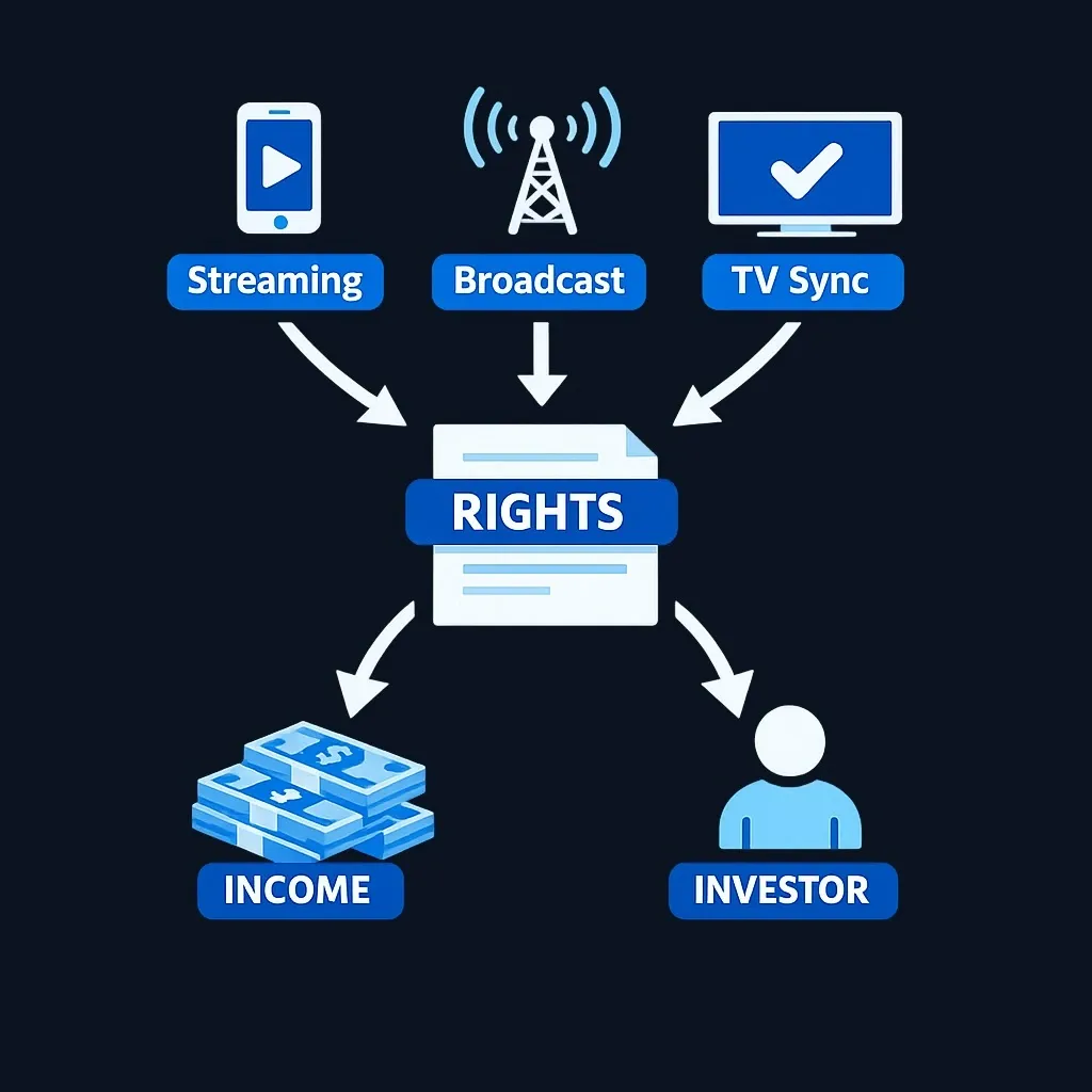 Diagram showing how music royalties flow from usage to investor income