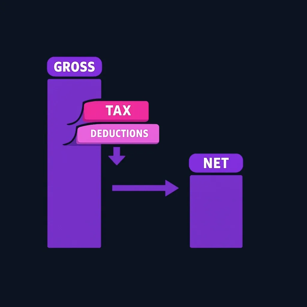 Diagram of a tall bar labeled gross shrinking to a shorter bar labeled net after tax and deduction blocks are removed