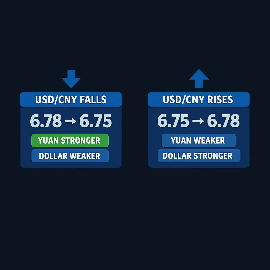 Comparison diagram showing what rising versus falling USD/CNY means for yuan and dollar strength