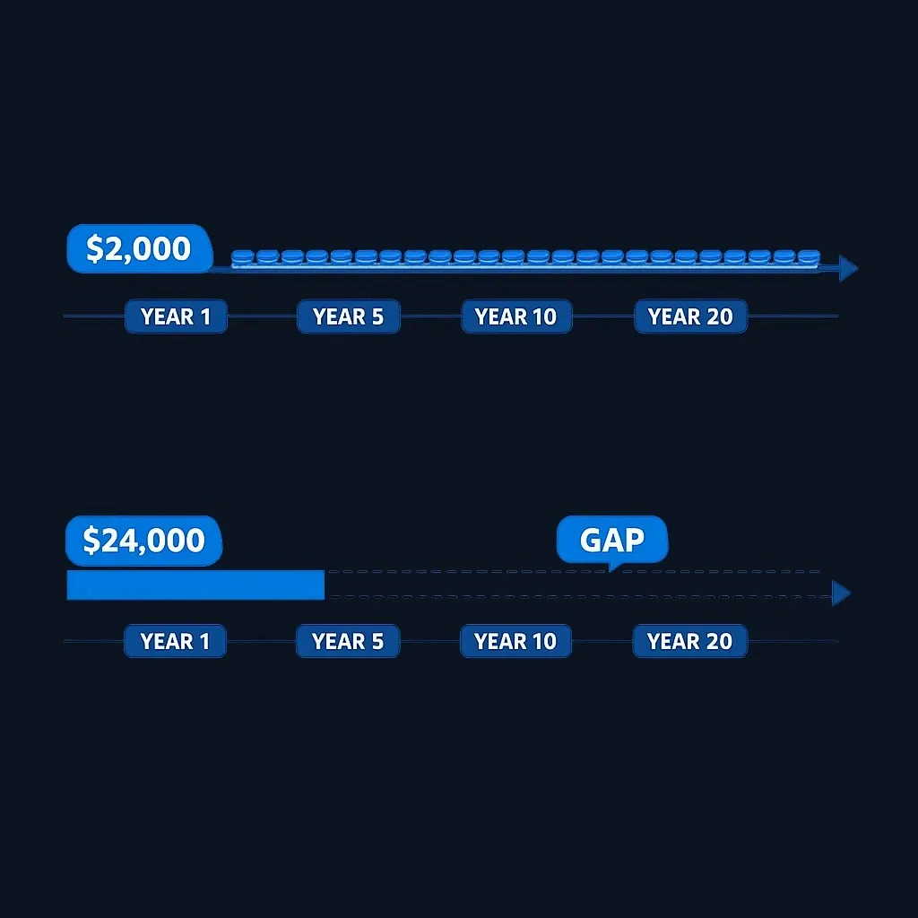 Timeline showing a $24,000 lump sum running out after one year while $2,000 monthly payments continue for many years