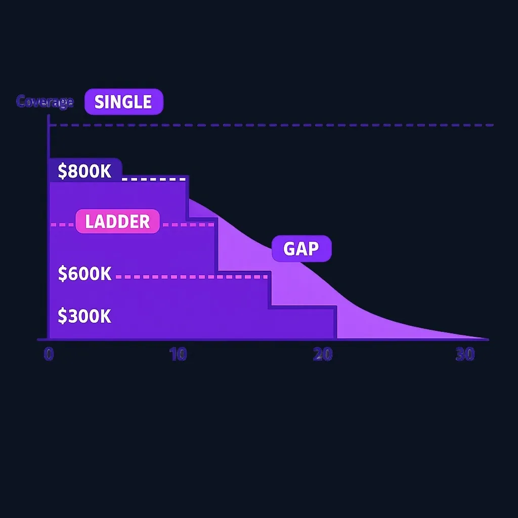 Step chart of ladder coverage falling from $800,000 to $300,000 compared with a flat $800,000 line
