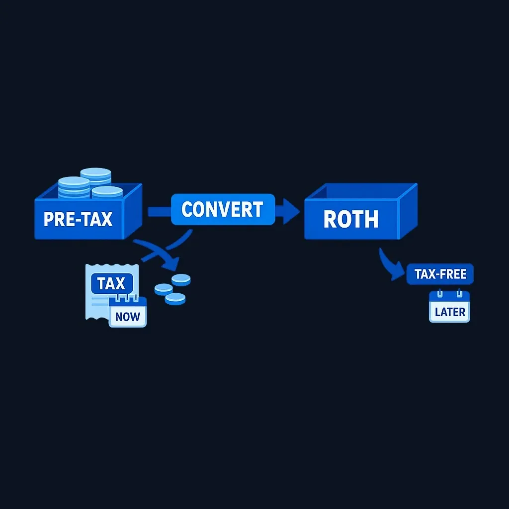 Diagram of money flowing from a pre-tax account to a Roth IRA with a tax deducted during the conversion year