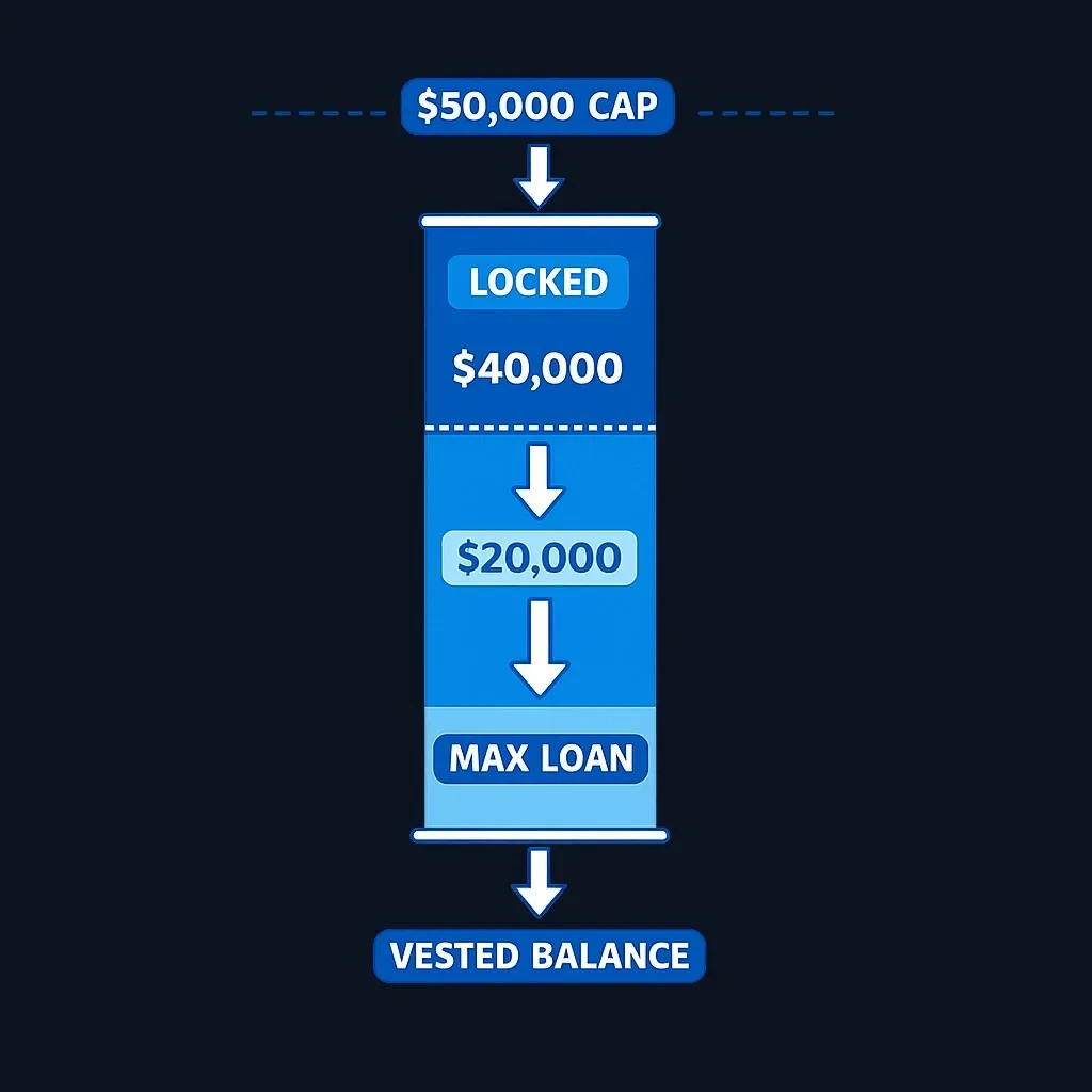 Bar chart showing a $40,000 vested balance, a $20,000 borrowing limit at half, and a higher $50,000 cap line that does not apply