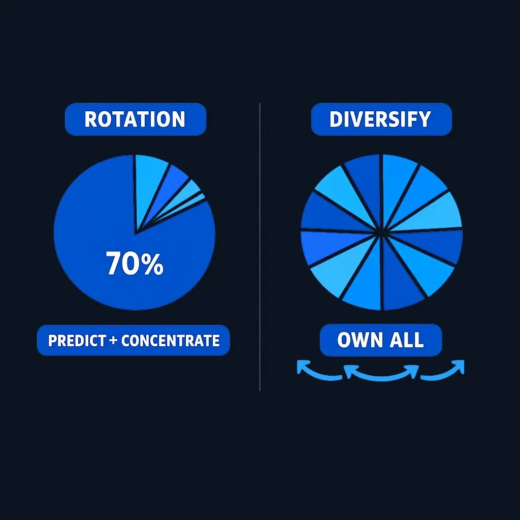 Comparison showing rotation strategy concentrating in predicted sectors versus diversification holding all sectors