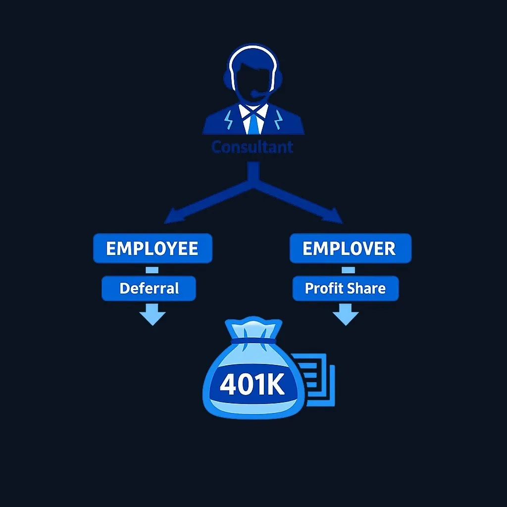 Diagram showing Solo 401(k) dual contribution pathways for a high-earning consultant