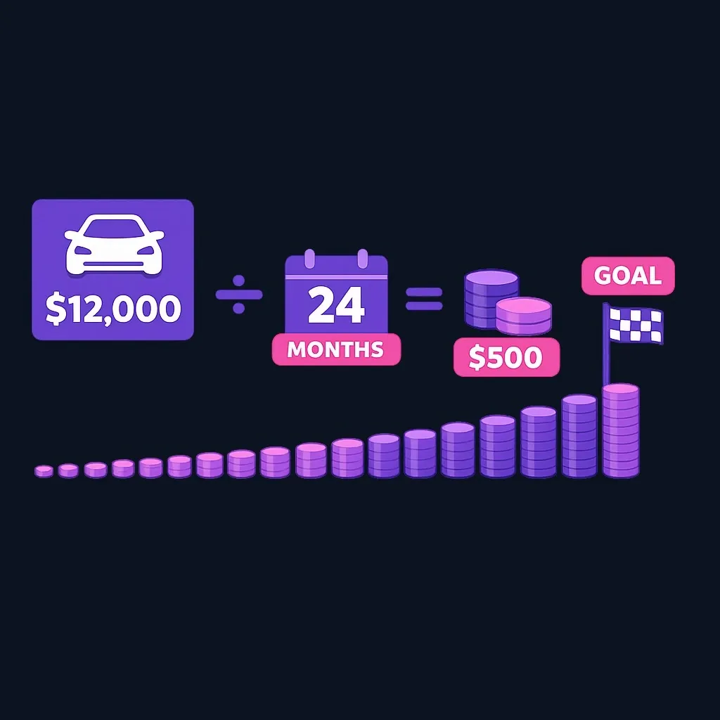 Diagram showing a $12,000 goal divided by 24 months equals $500 per month