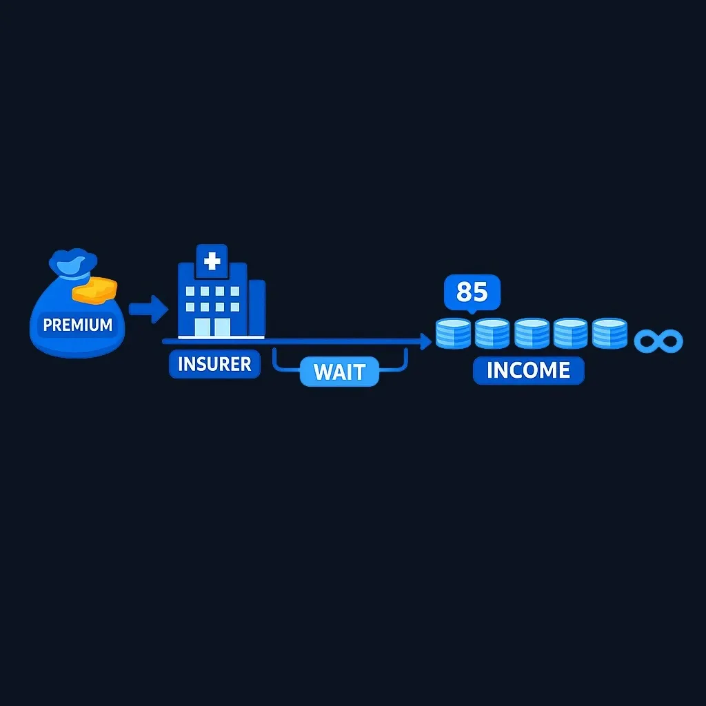 Timeline showing a premium paid today, a waiting period, and lifetime income payments starting later