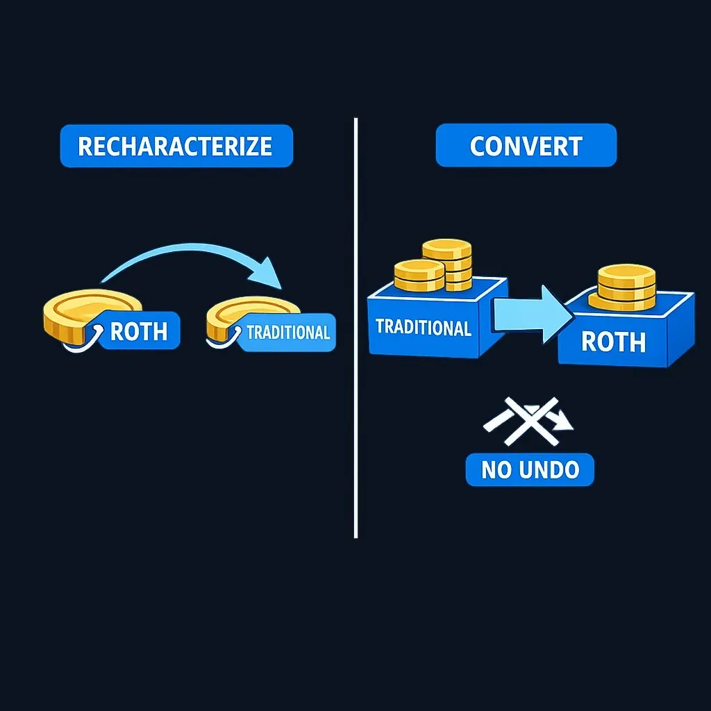Two panels: a coin being re-labeled from Roth to Traditional versus a coin stack moving one way into a Roth account