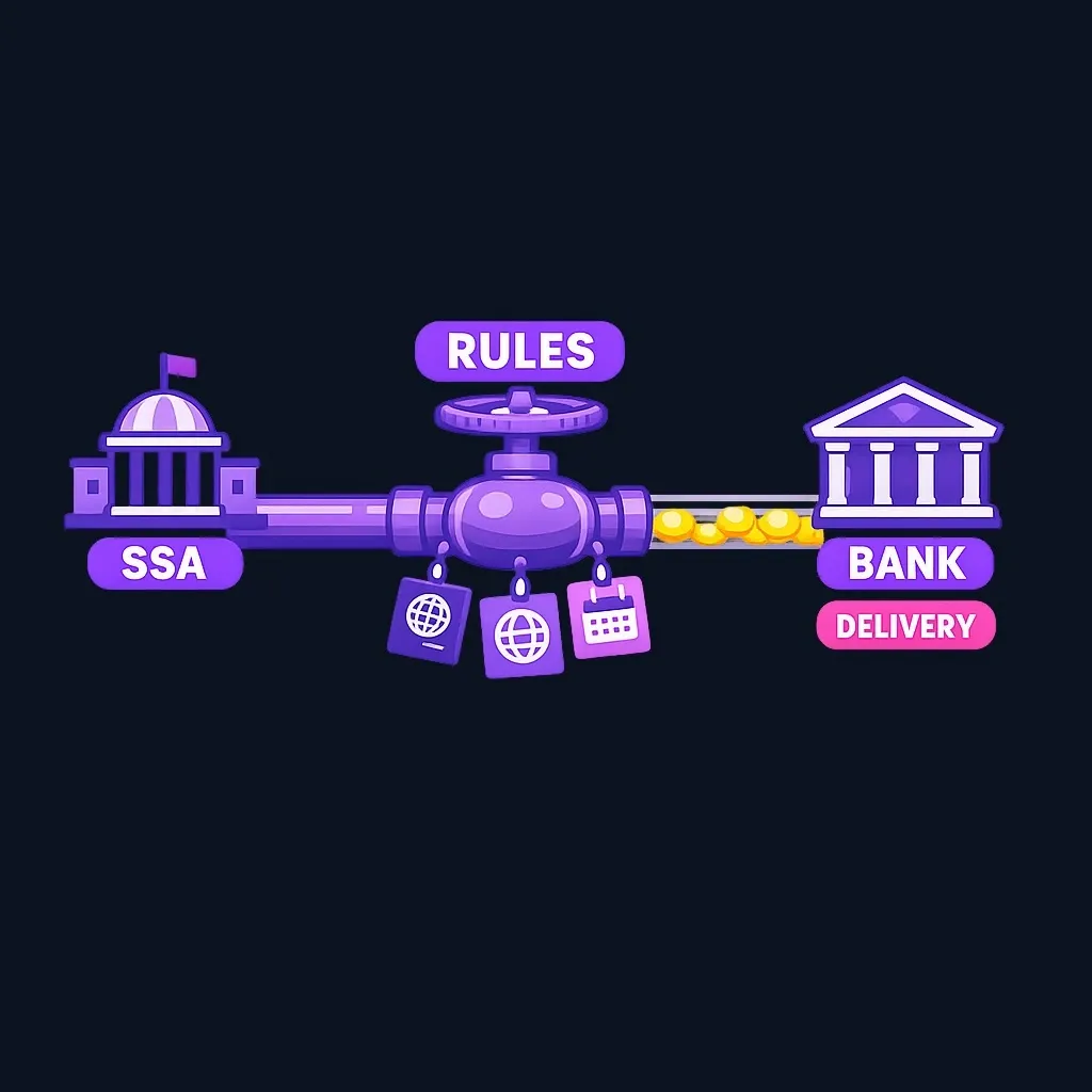 Diagram of a payment pipe from Social Security to a bank account, controlled by an eligibility valve