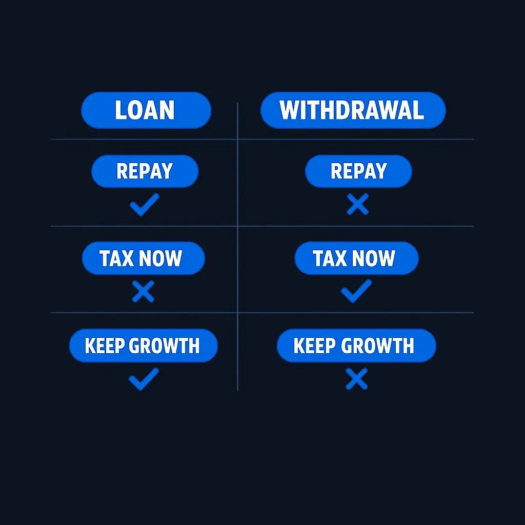 Side-by-side comparison of 401(k) loan versus hardship withdrawal
