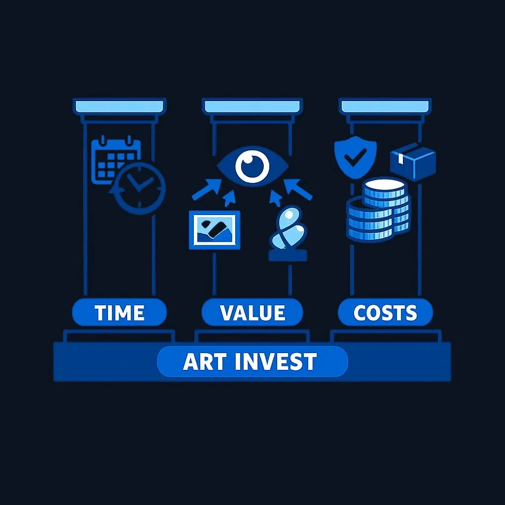 Three pillars representing time horizon, subjective value, and carrying costs in art investing