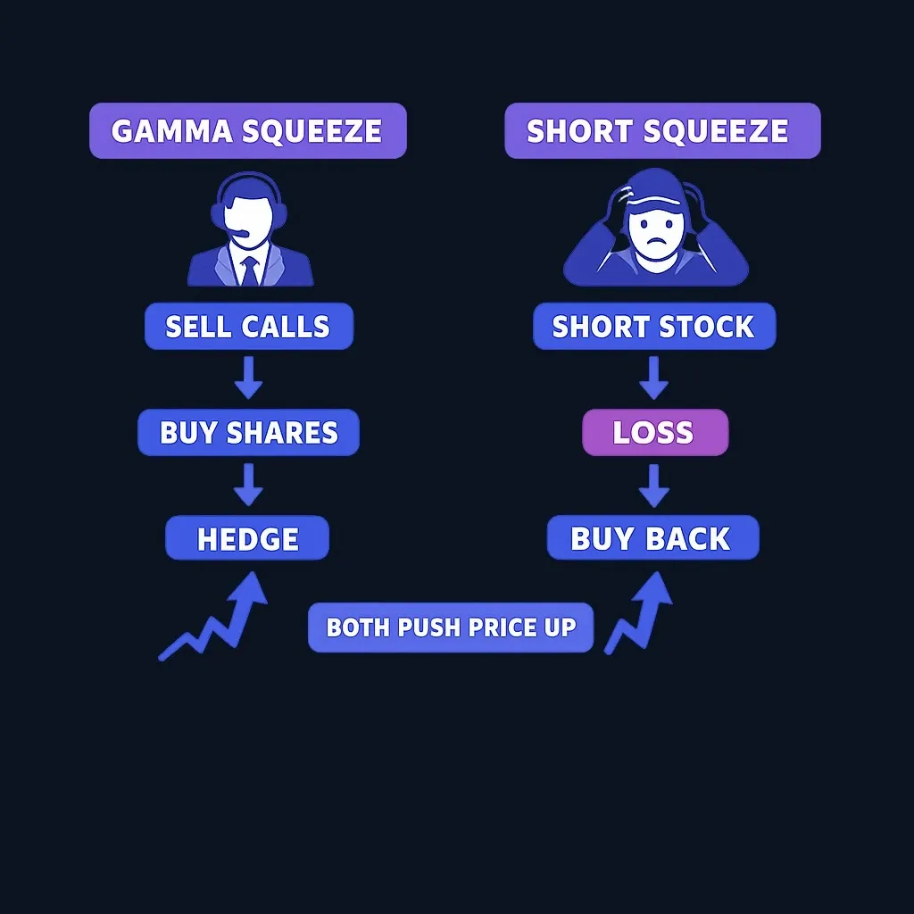 Side-by-side comparison of gamma squeeze versus short squeeze mechanisms