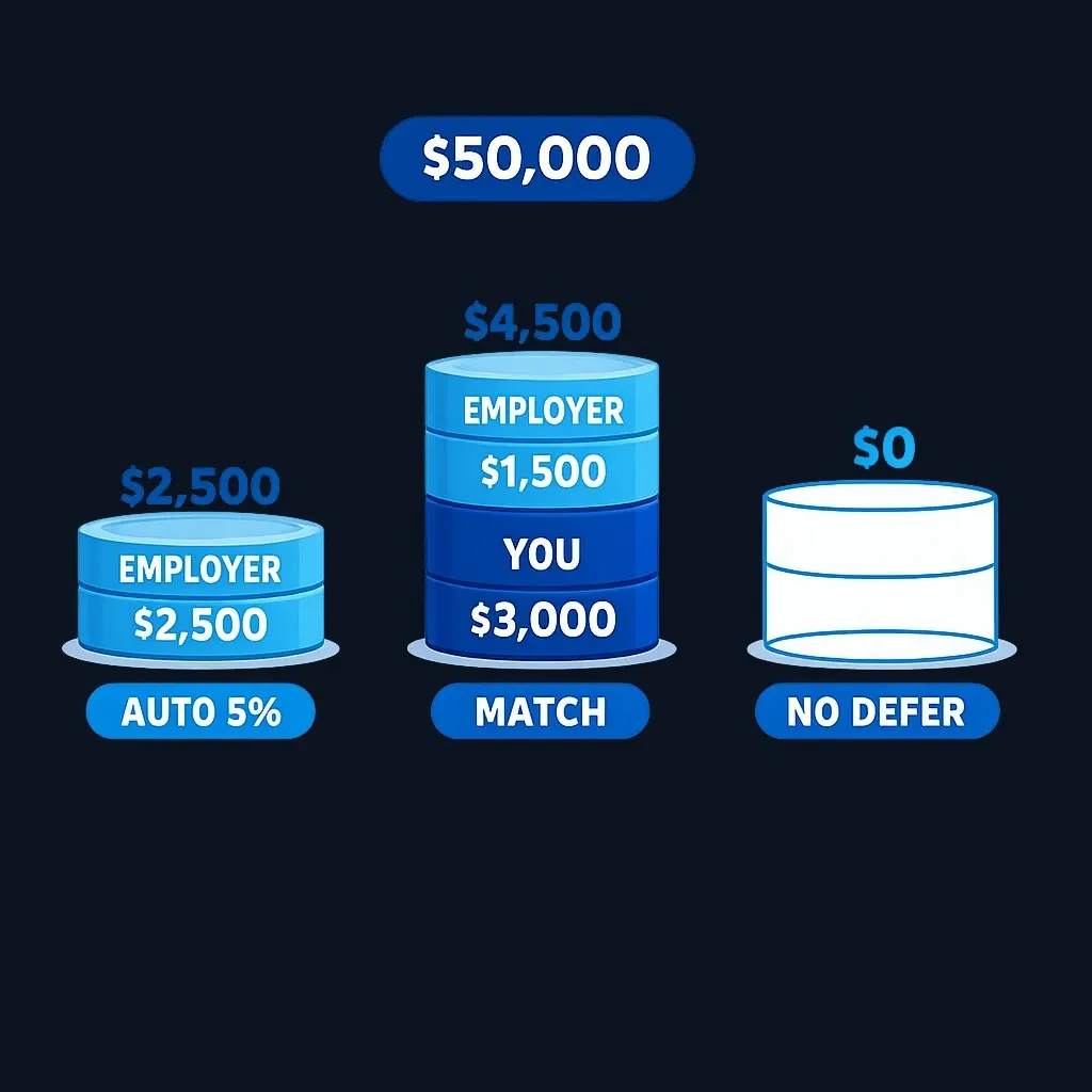 Side-by-side stacks showing a $2,500 automatic employer contribution versus a $3,000 employee deferral plus a $1,500 match, and a $0 case with no deferral.