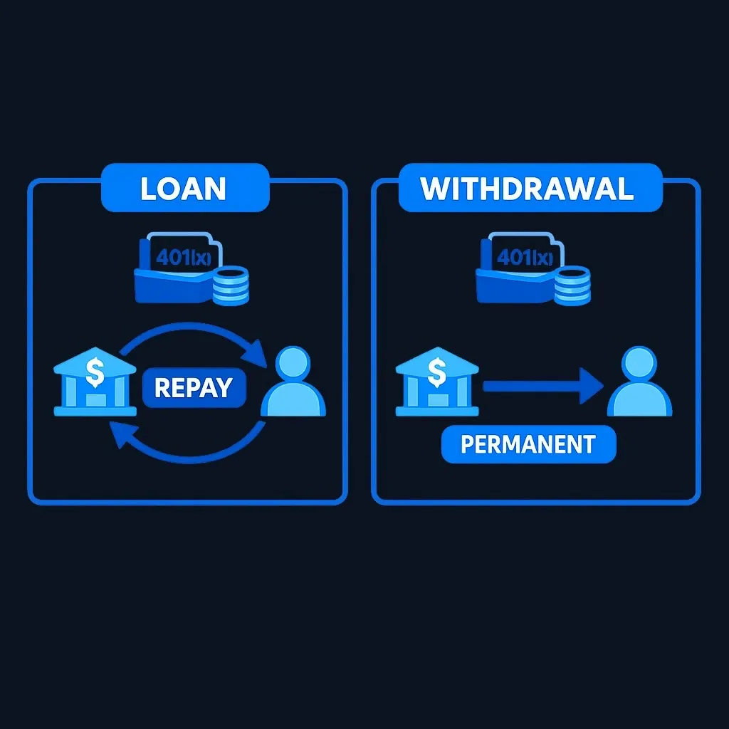 Comparison diagram showing hardship withdrawal versus 401(k) loan