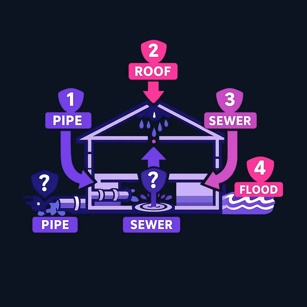 A house with four arrows showing water entering from a pipe, roof, sewer drain and outside floodwater.