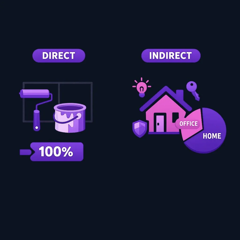 Comparison of direct expenses counted in full versus indirect household expenses split into a business share