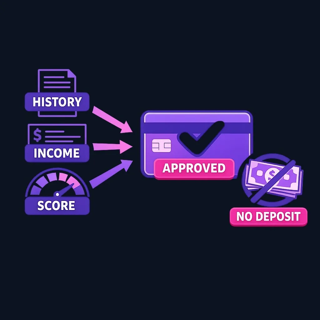 Diagram showing credit history, income and a score gauge feeding into an approved credit card with no deposit