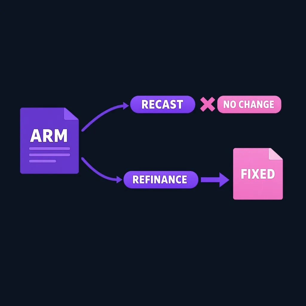 Comparison showing recast cannot change loan structure while refinance can replace ARM with fixed rate