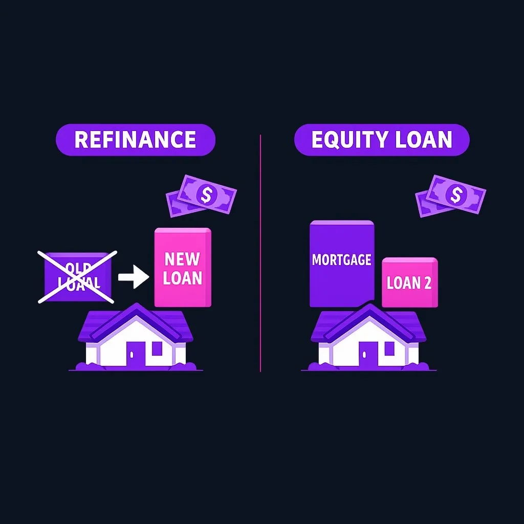 Diagram comparing a single larger replacement mortgage with an original mortgage plus a separate second loan, both secured by a house