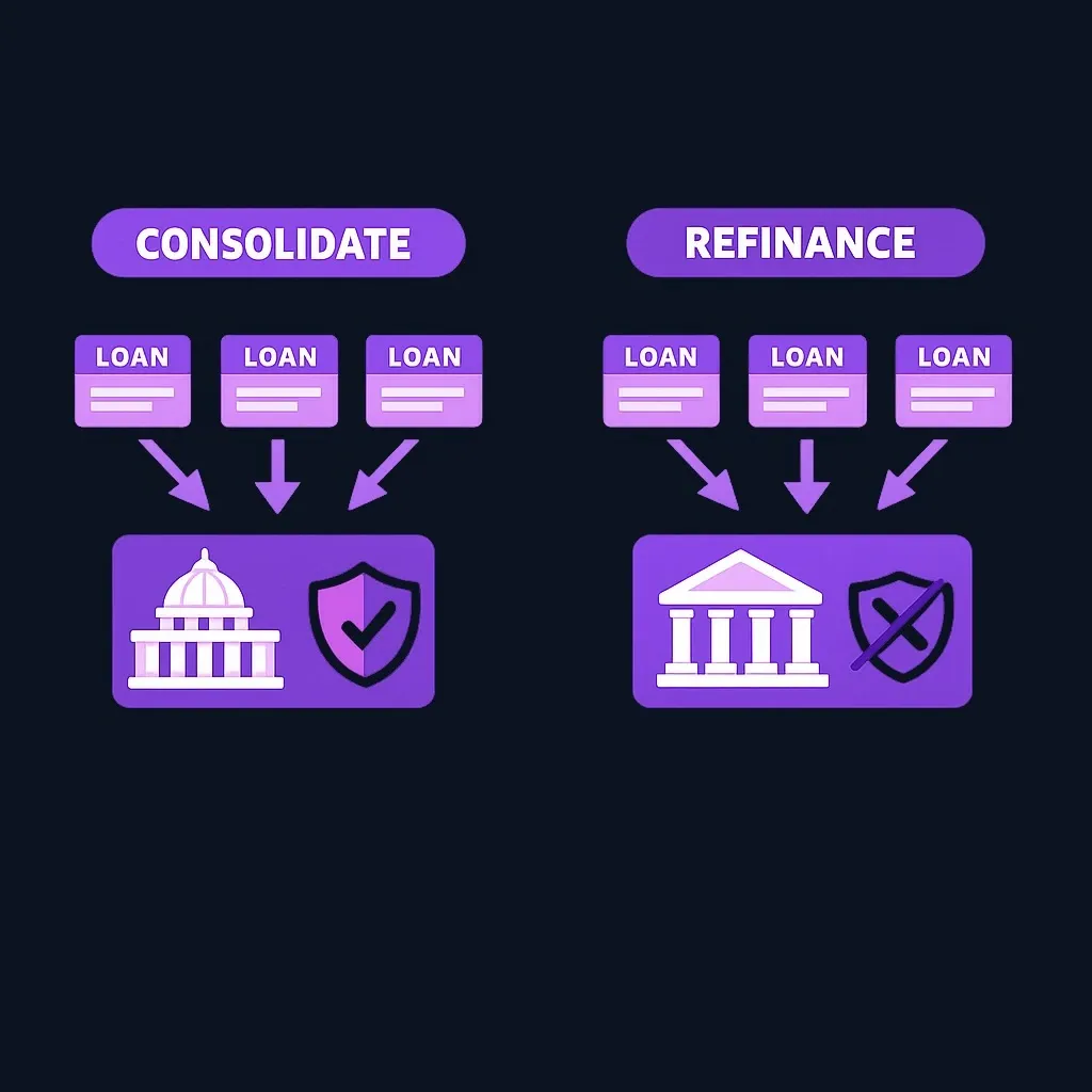 Side-by-side diagram of federal loans becoming one federal loan with a shield, versus federal loans becoming one private loan without a shield