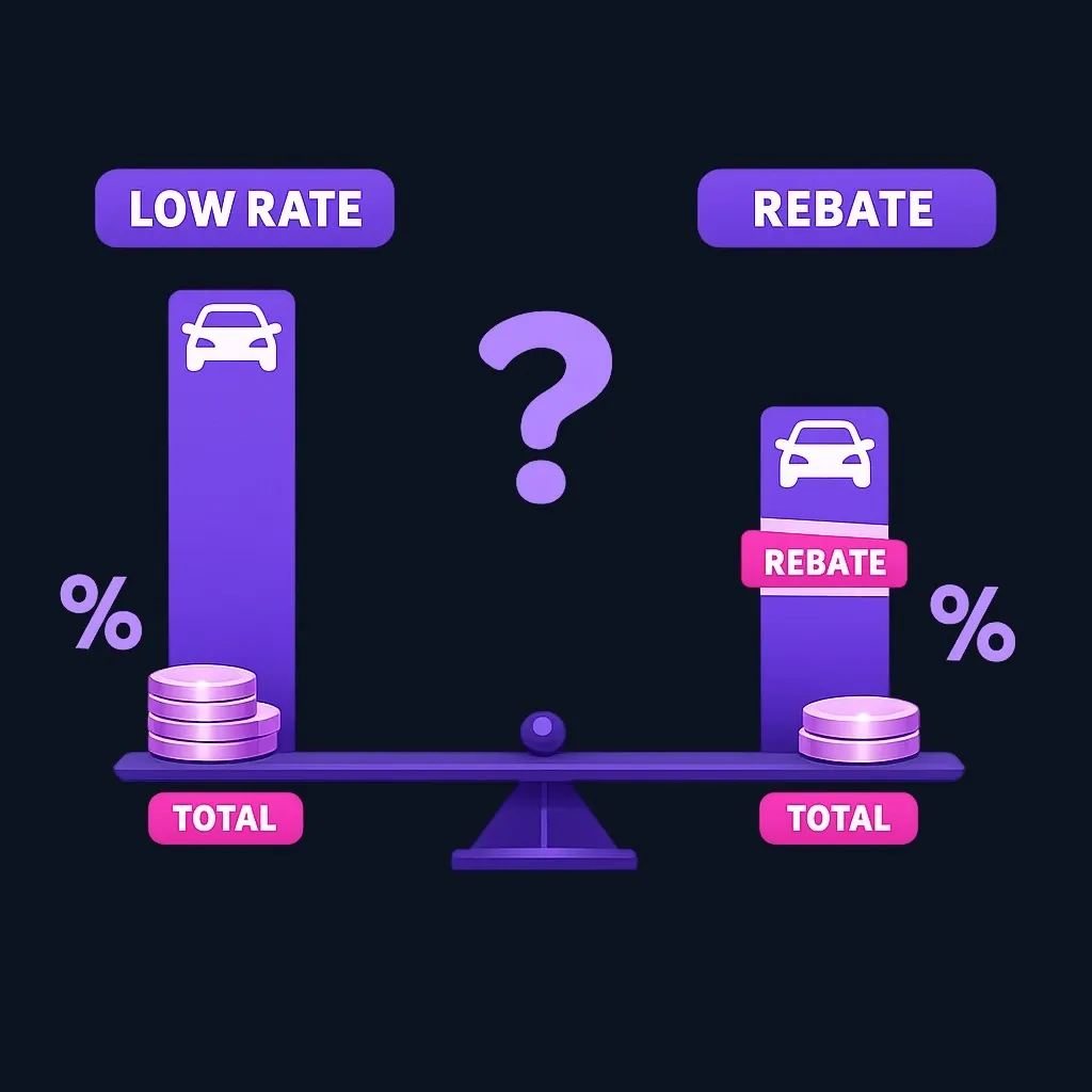 Side-by-side comparison of a low-rate loan on the full price and a regular-rate loan on a price reduced by a rebate, each with its own total cost.