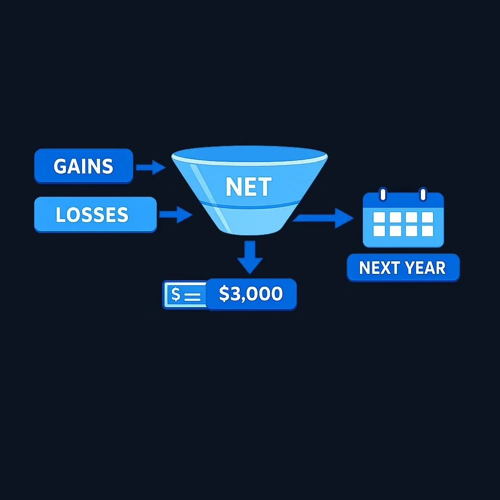 Flow diagram showing losses netted against gains, up to $3,000 deducted from income, and the rest carried forward
