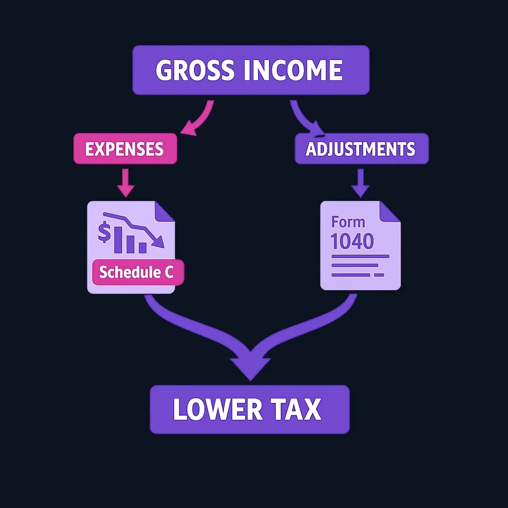 Diagram showing two types of self-employment deductions flowing to lower taxes