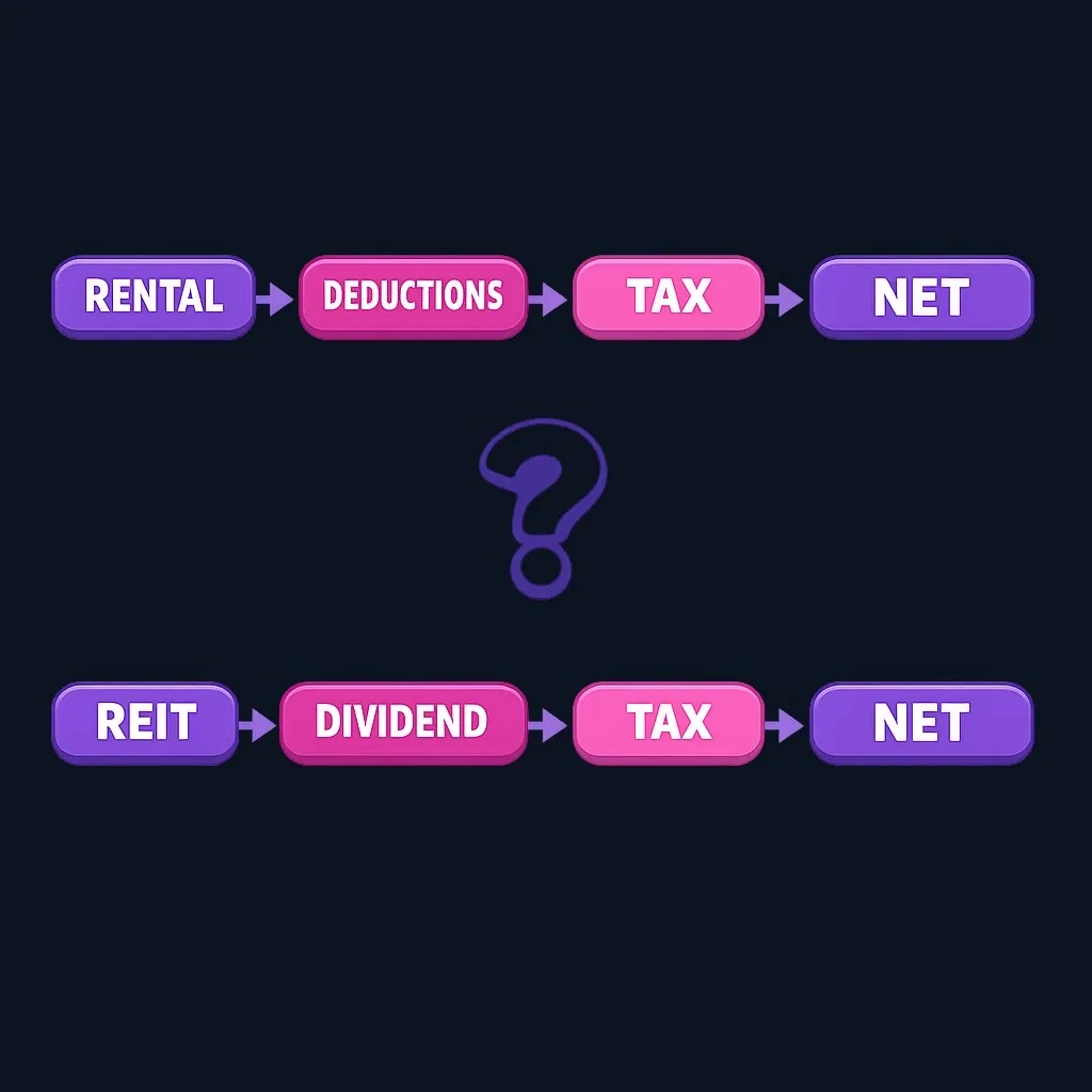 Concept diagram showing how taxes affect net cashflow for REITs versus rental properties