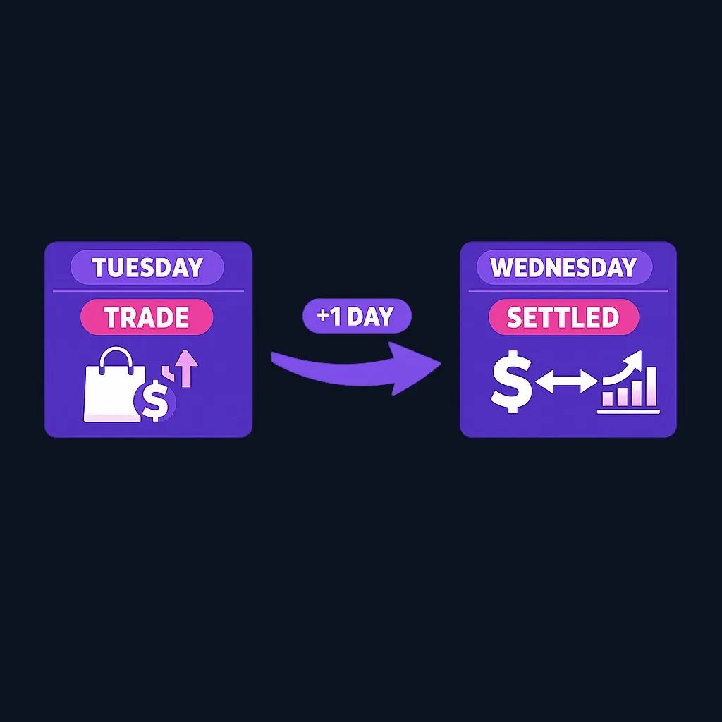 Timeline diagram showing Tuesday as trade date T and Wednesday as settlement date T+1