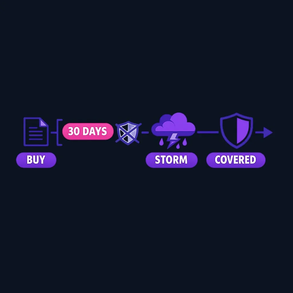 A timeline showing a policy purchase, a 30-day waiting gap, a storm inside the gap, and coverage starting afterward.