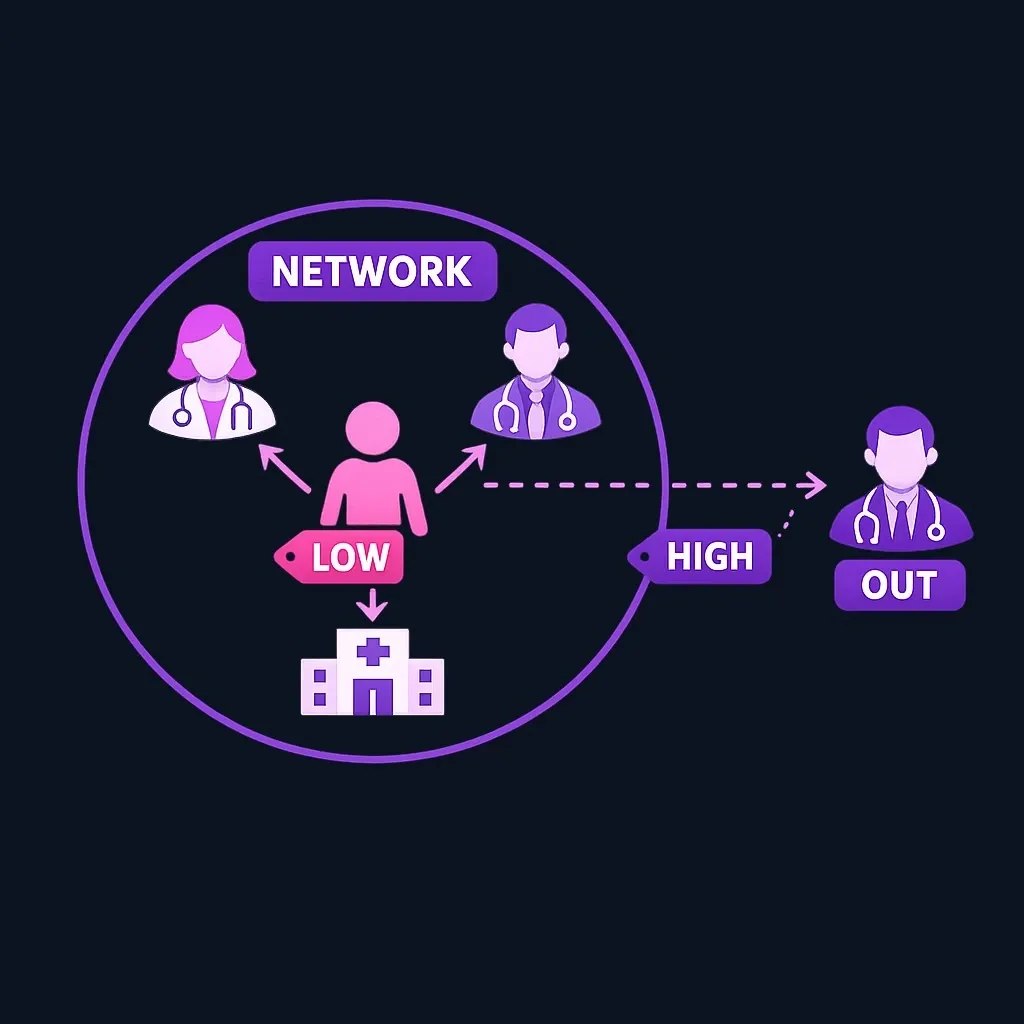 Diagram of a PPO network: a patient reaches in-network specialists directly and can also reach an out-of-network doctor at a higher cost