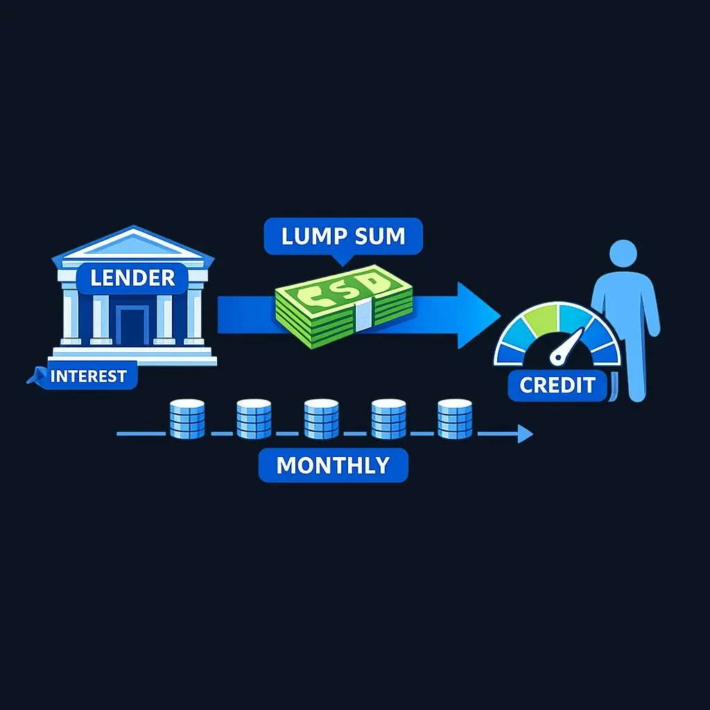 Diagram of a bank giving a lump sum to a borrower who repays in fixed monthly installments.