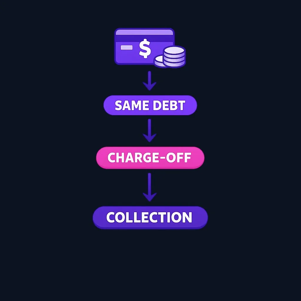 Diagram showing charge-off as accounting step and collection as recovery process for the same debt