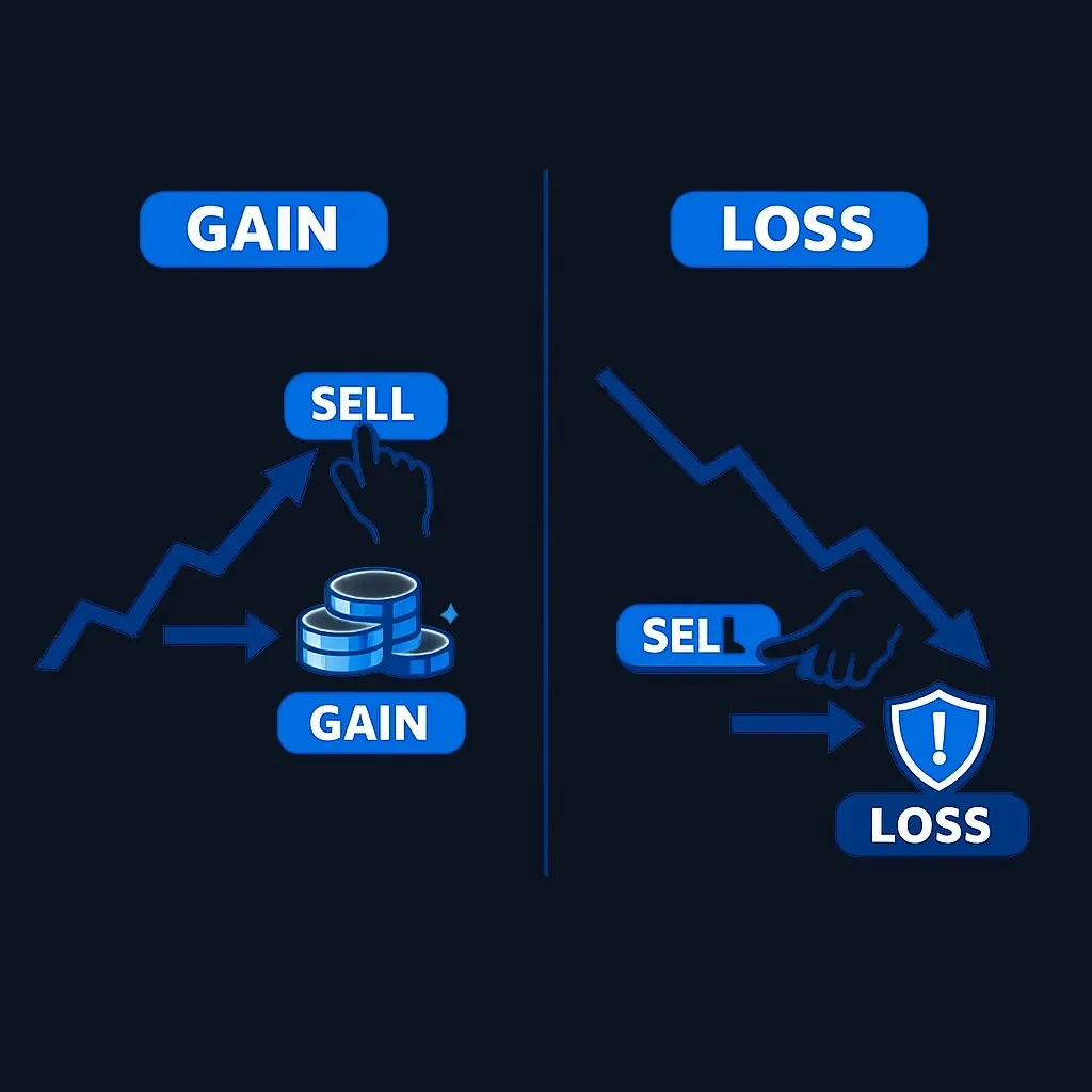 Side-by-side diagram of selling a rising stock to realize a gain versus selling a falling stock to realize a loss