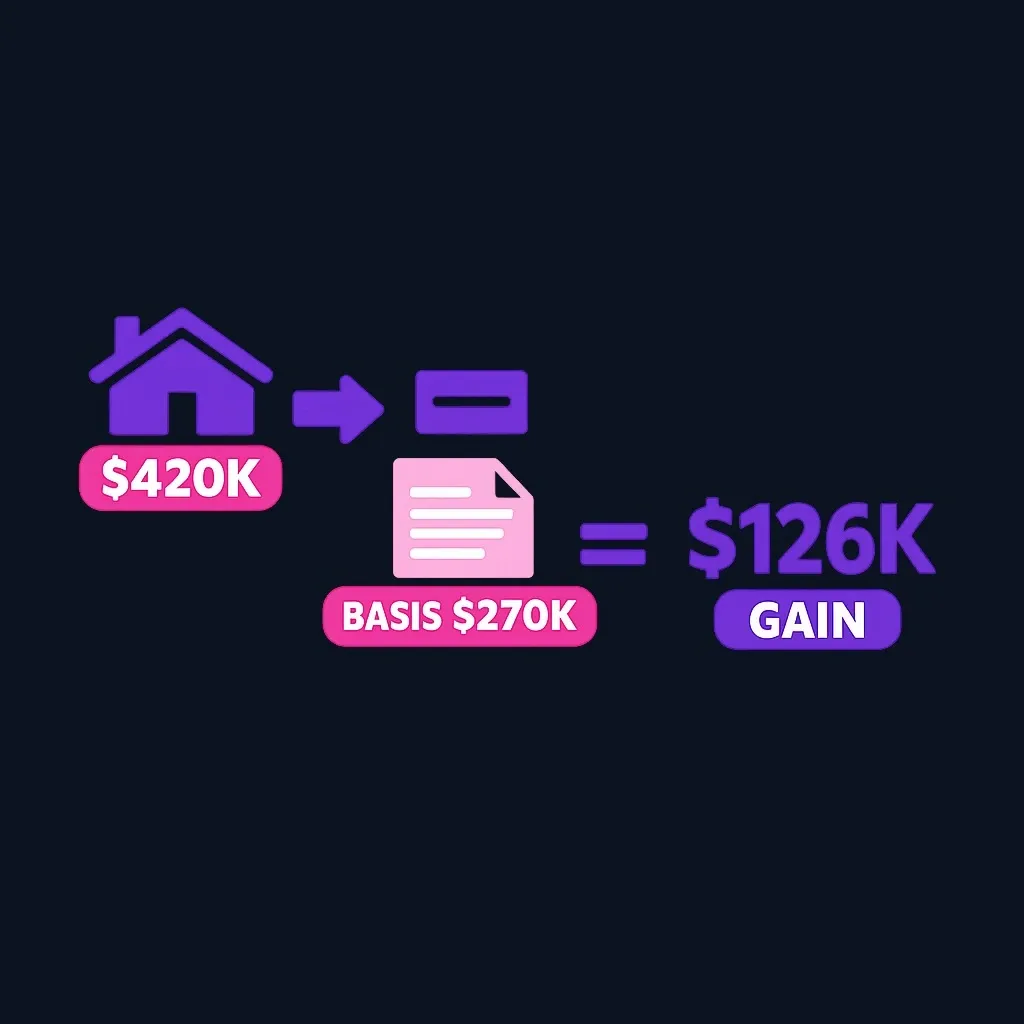 Diagram showing the capital gain calculation formula with amount realized minus adjusted basis