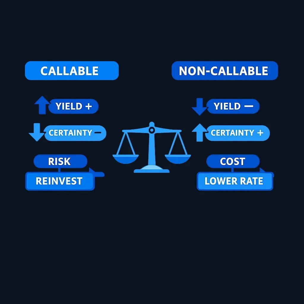 Side-by-side comparison of risk-return tradeoffs for callable versus non-callable bonds