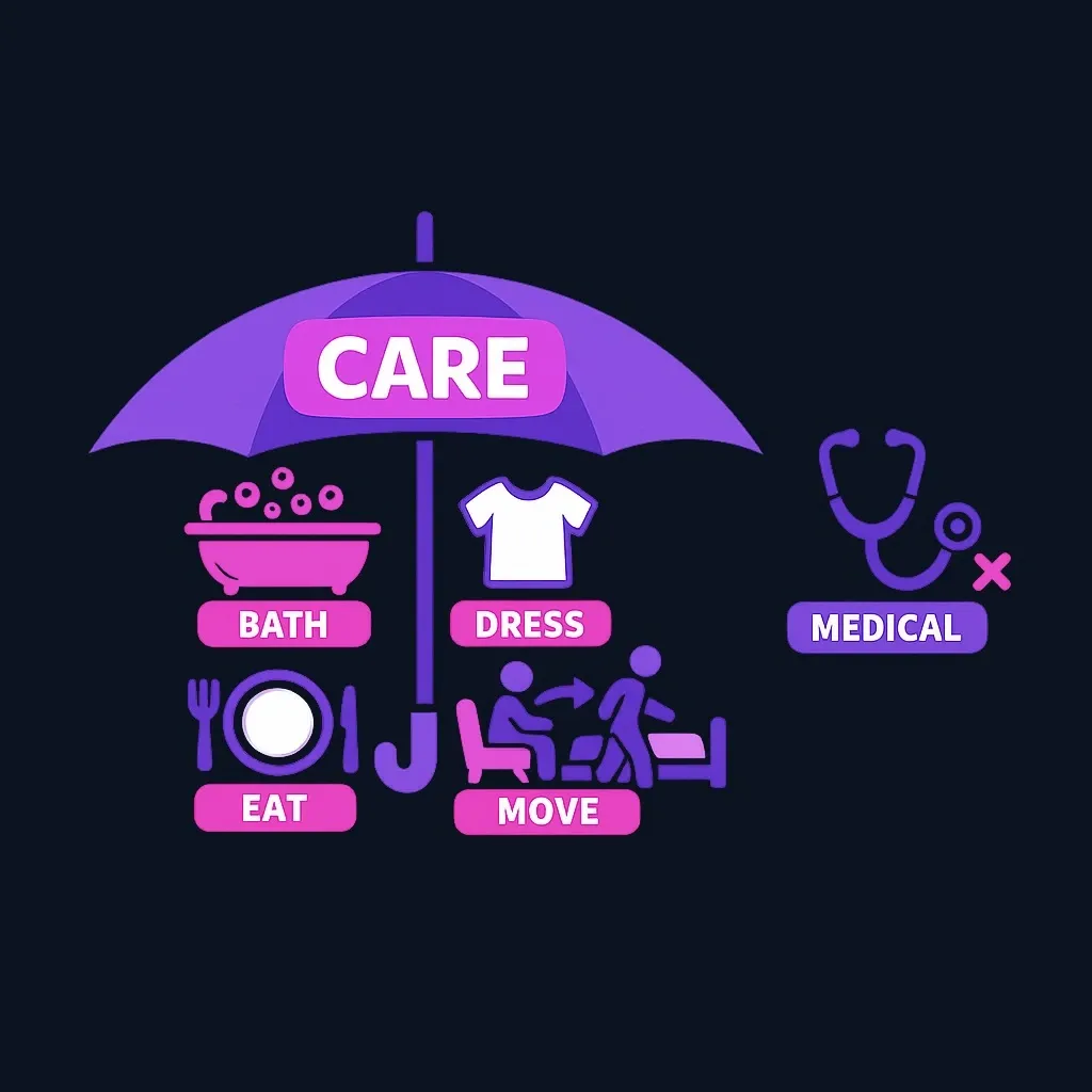 Diagram showing long-term care covering daily living help like bathing, dressing, eating and moving, separate from medical treatment
