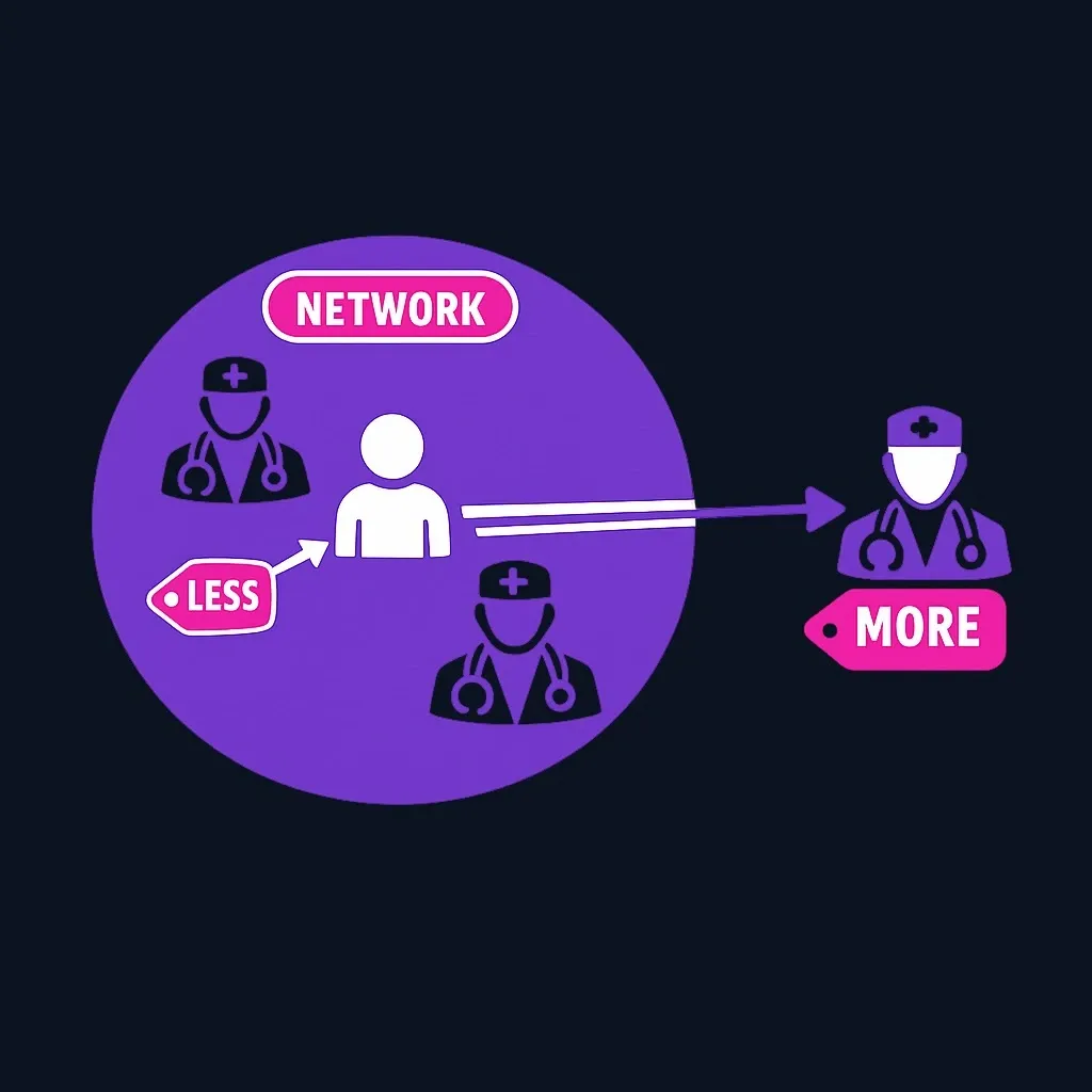 Diagram of a PPO network circle with in-network doctors at lower cost and an outside doctor at higher cost