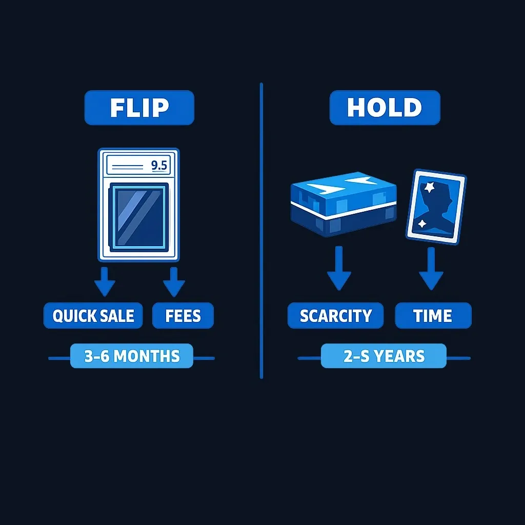 Comparison diagram showing short-term flip strategy versus long-term hold strategy in sports card investing