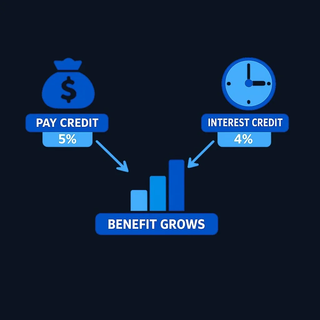 Diagram showing how cash balance plan benefits grow through pay credits and interest credits